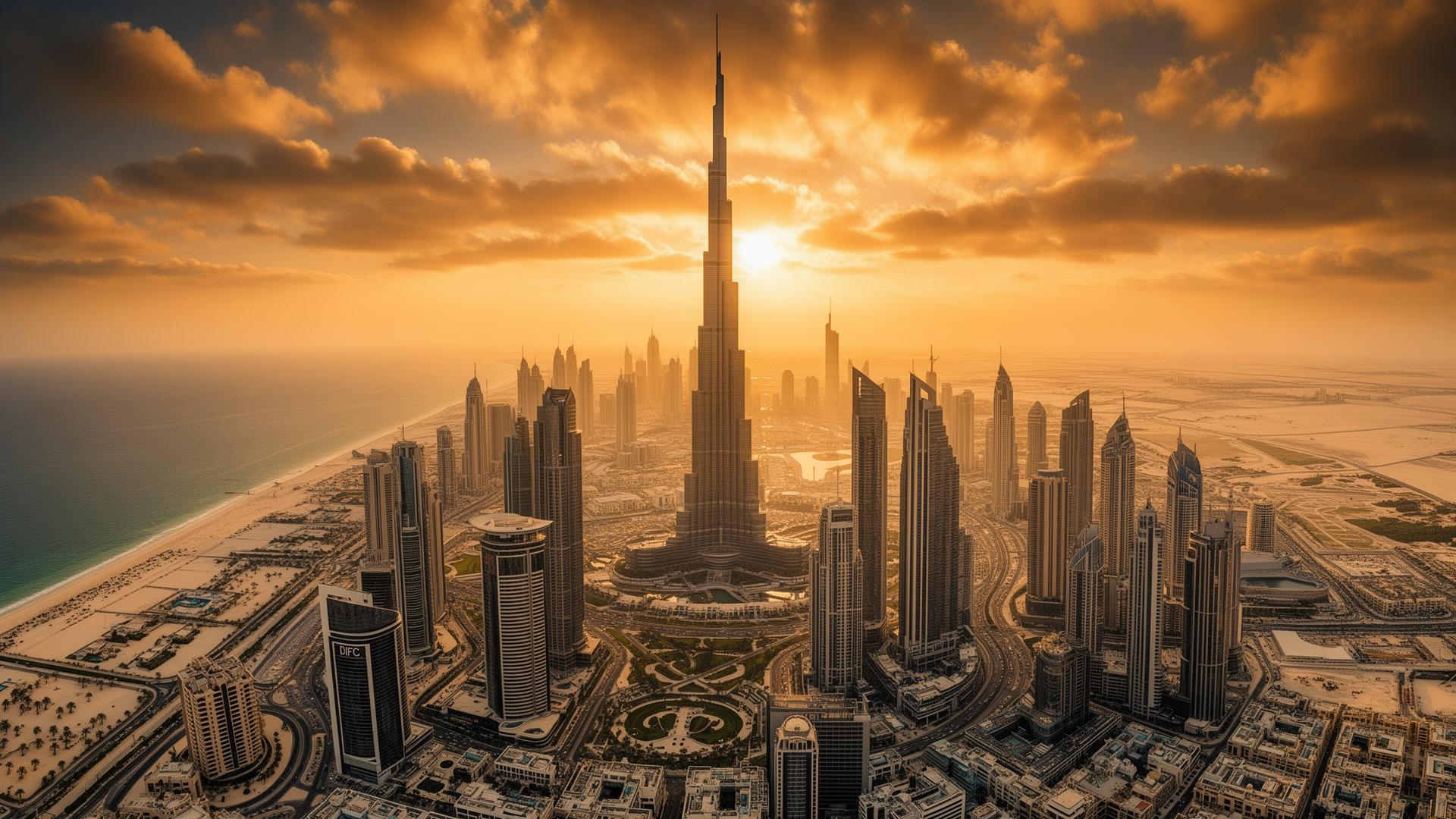 Dubai skyline at golden hour
