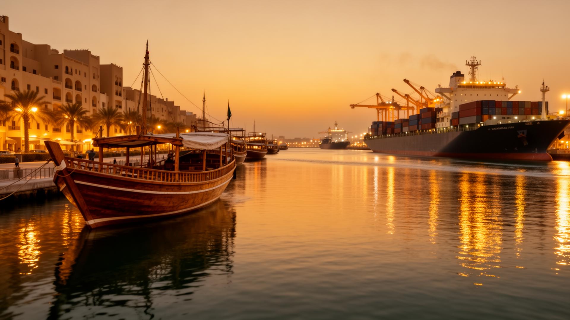 Traditional dhow and modern cargo ship at twilight