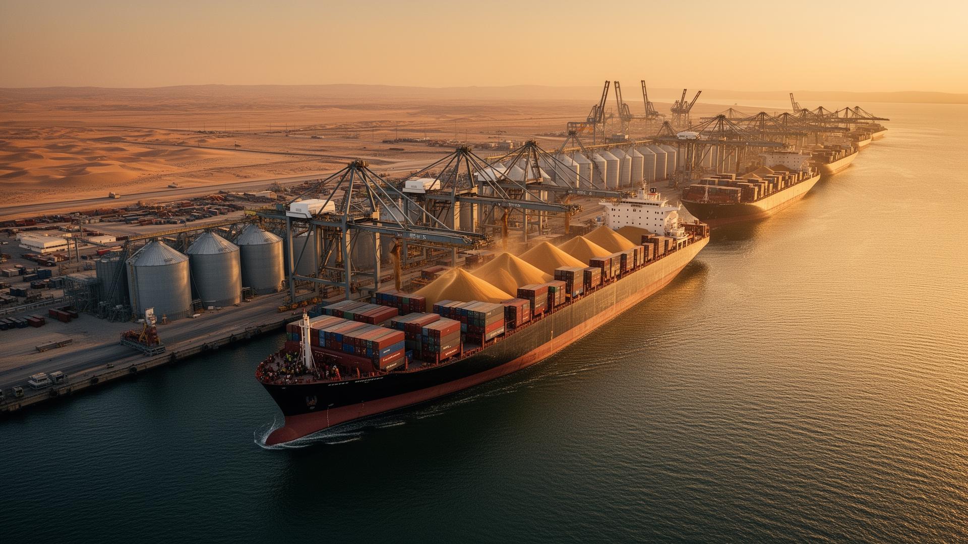 Gulf commodity port at golden hour