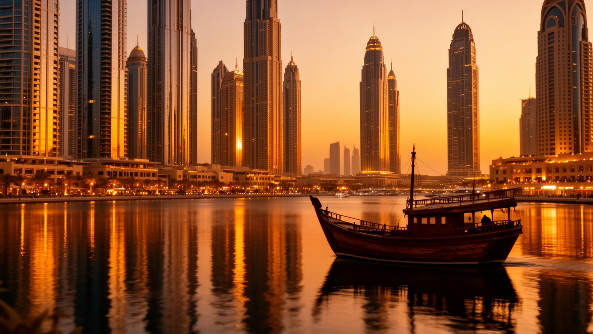 Dubai marina with dhow at sunset