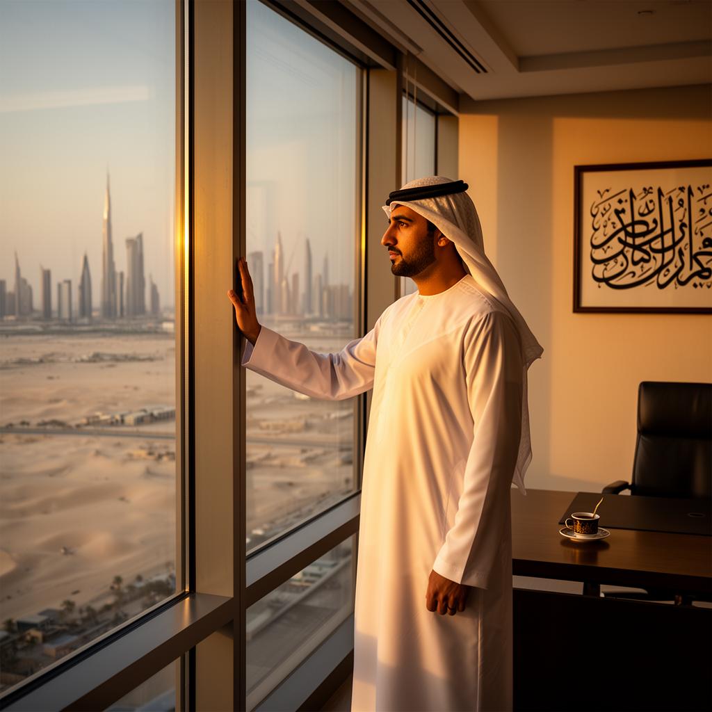 Emirati businessman contemplating at window