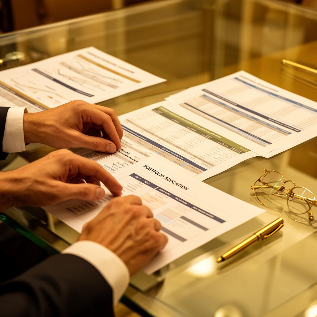 Portfolio allocation analysis on conference table