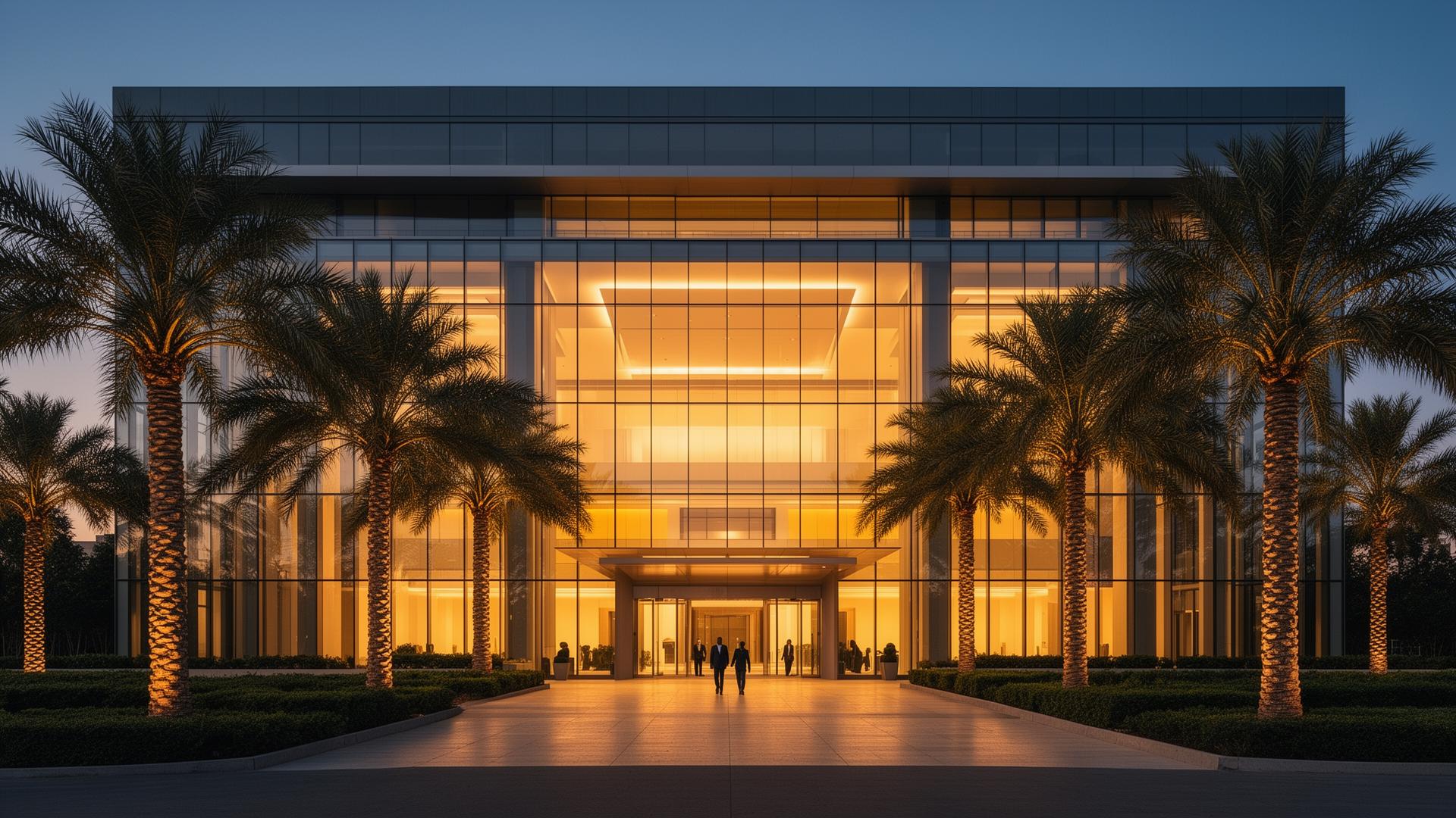Modern tech building at twilight